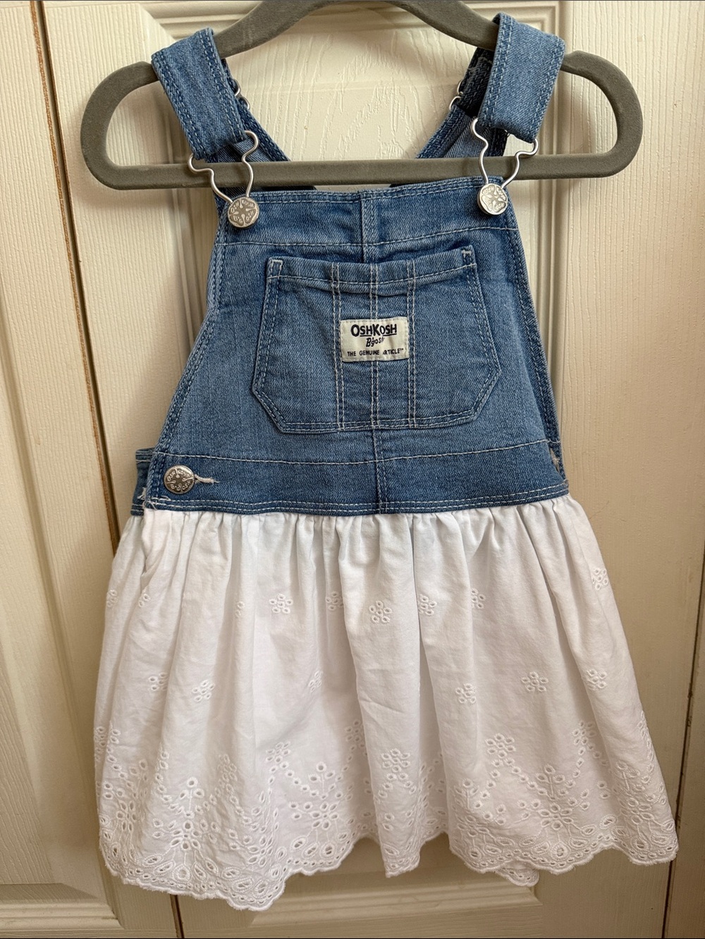 OshKosh B'gosh Blue Denim Jumper Dress with White Eyelet Skirt